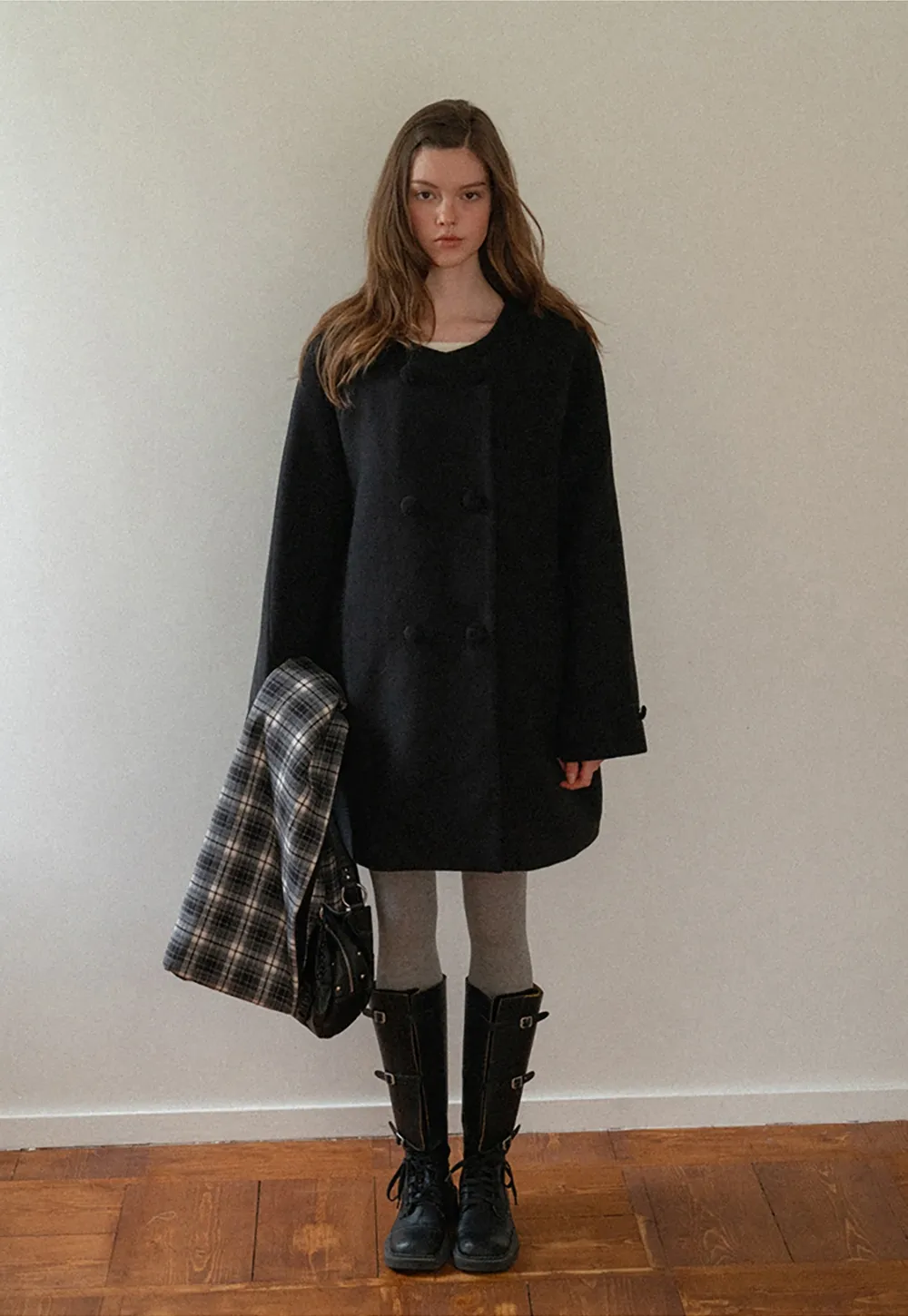 Women Black Wool Coat with Plaid Scarf Set