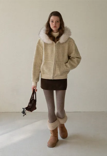 Women Striped Zip-Up Hoodie with Fur Collar