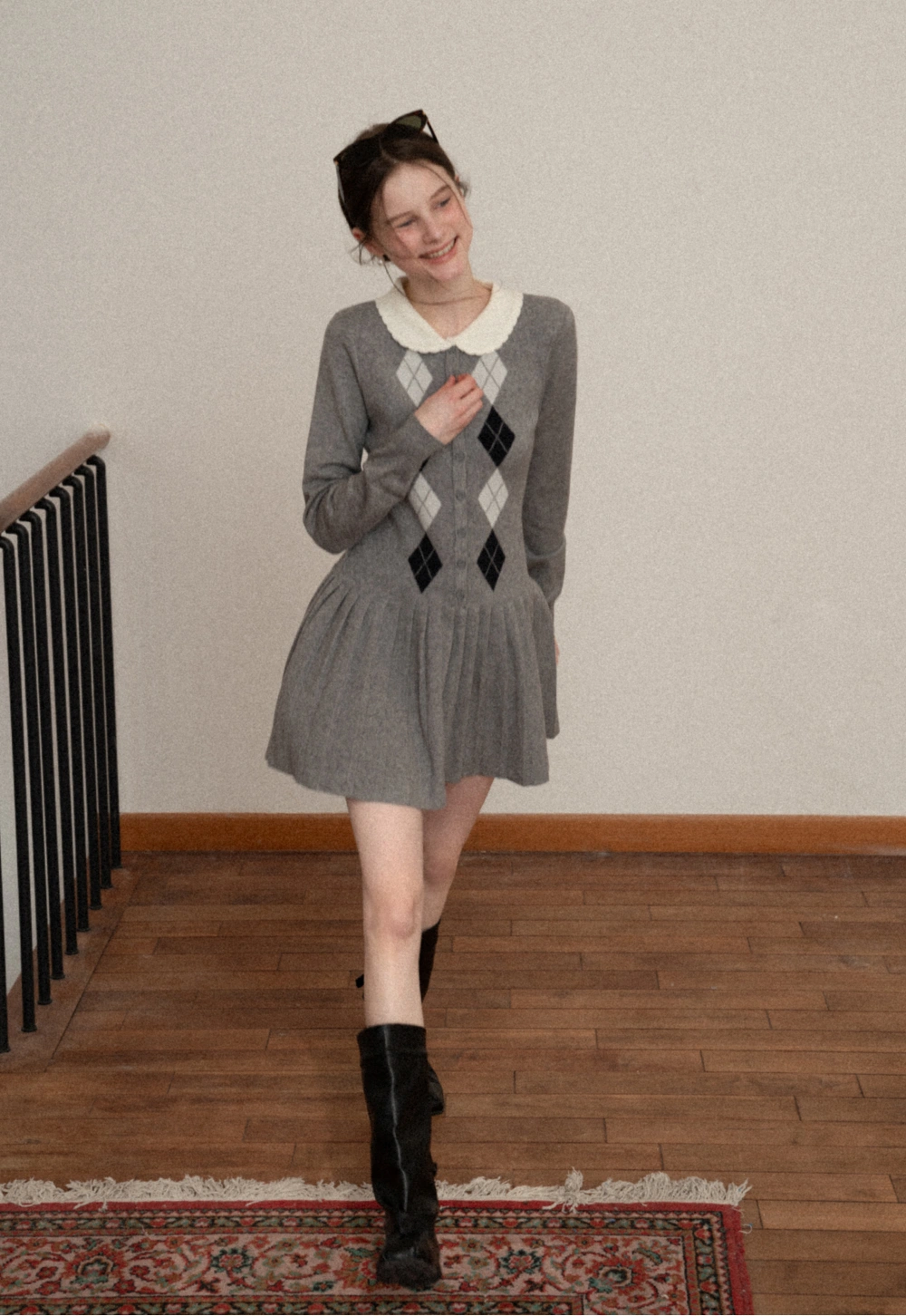 Argyle Knit Dress with Peter Pan Collar