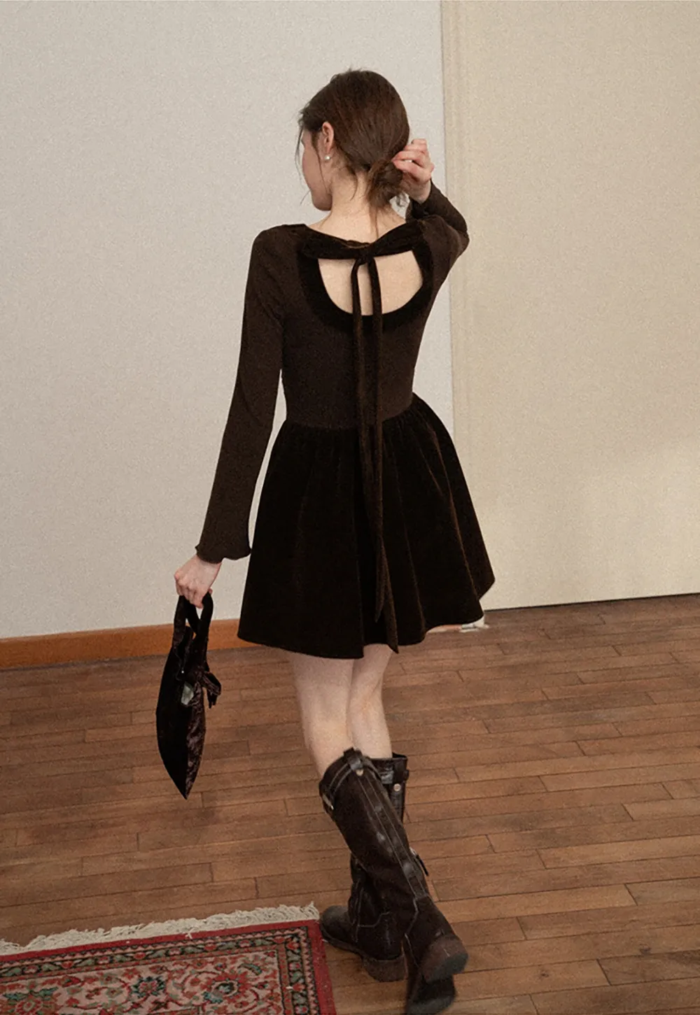 Chic Brown Velvet Mini Dress with Bell Sleeves