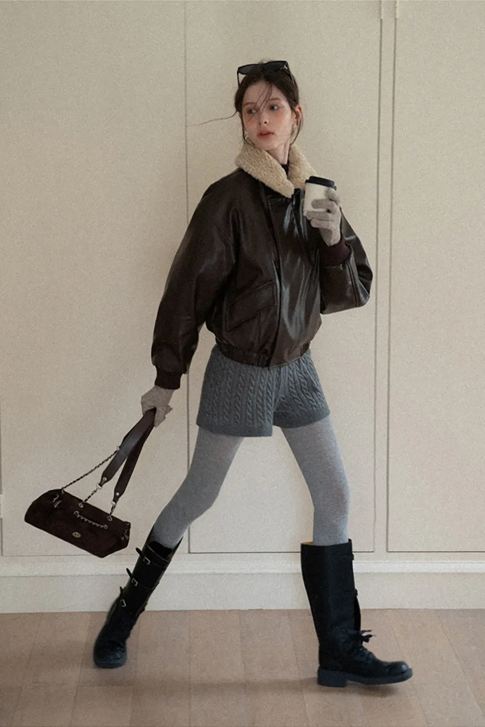 Faux Leather Bomber Jacket with Fur Collar