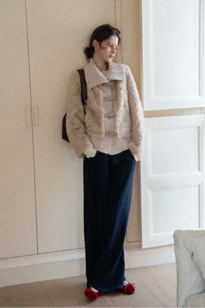 Collar Knit Patchwork Faux Shearling Coat