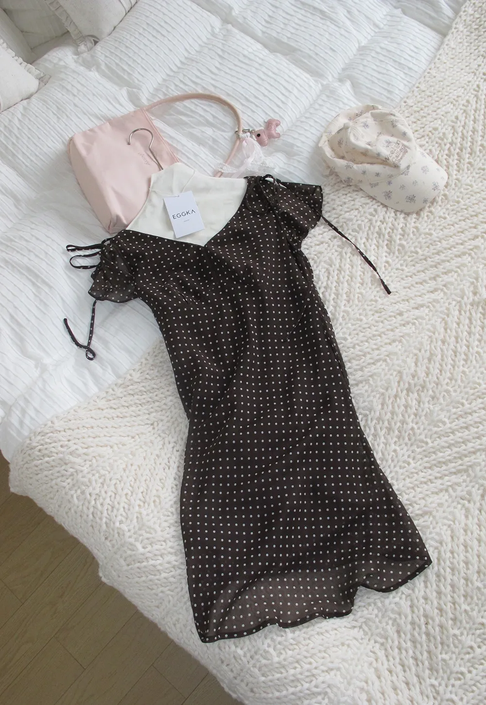 Polka Dot V Neck Tie Sleeve A Line Dress