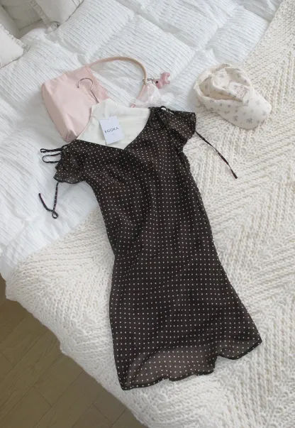 Polka Dot V Neck Tie Sleeve A Line Dress