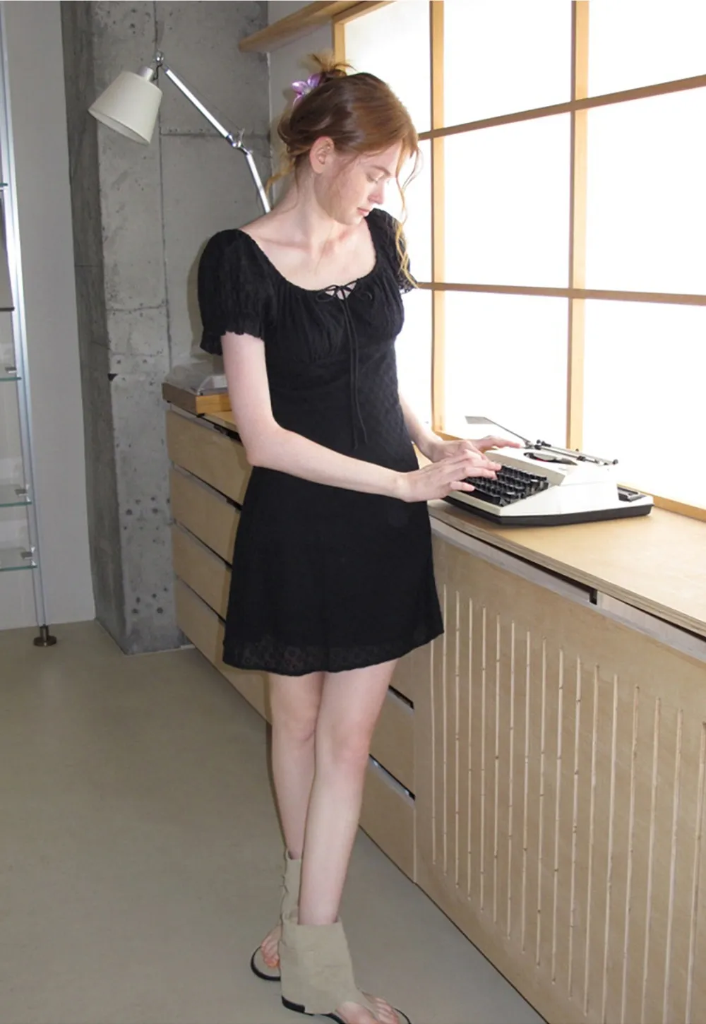 Women’s Puff Sleeve Tie-Front Eyelet Mini Dress