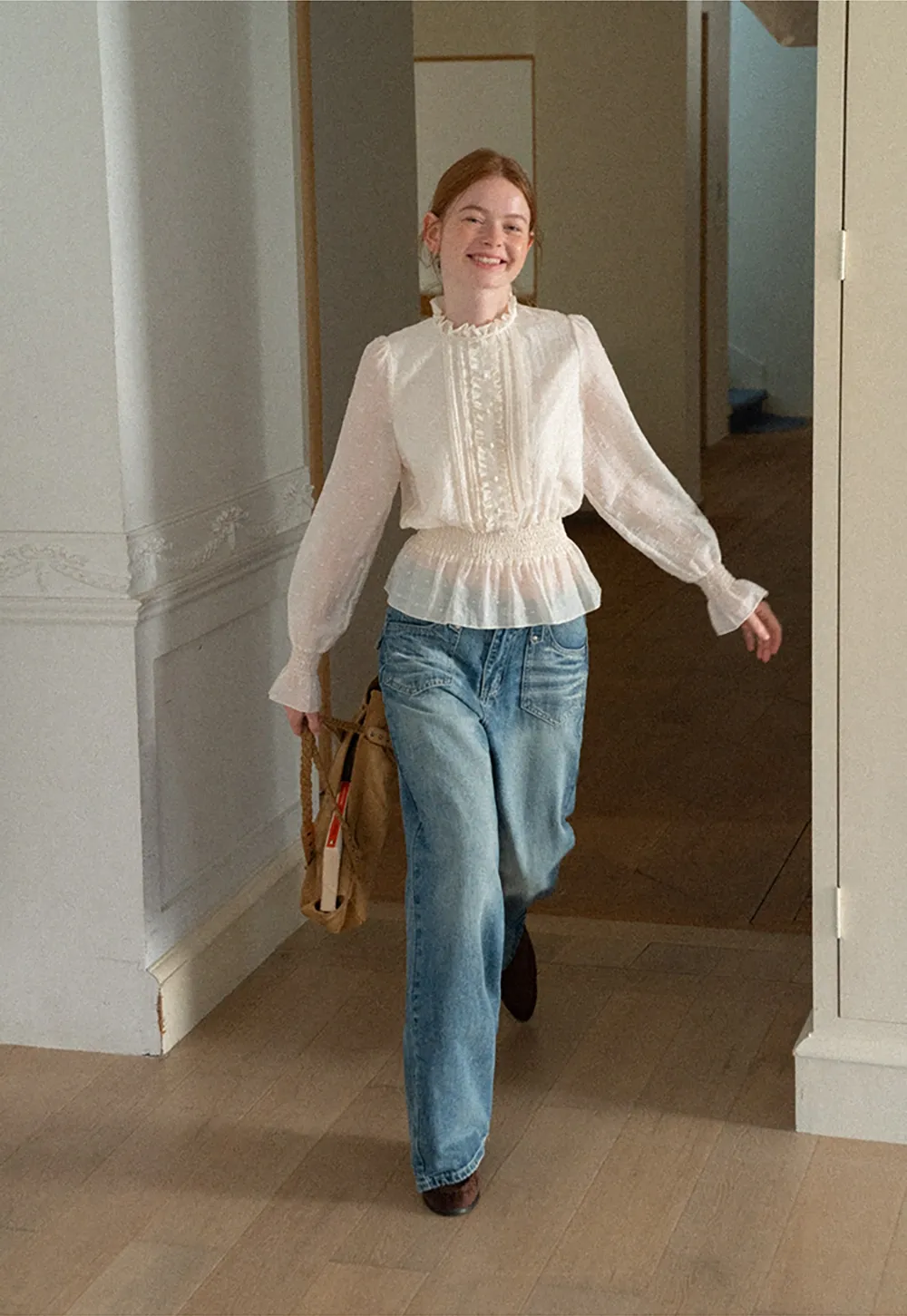 Ruffled Collar Smocked Waist Blouse