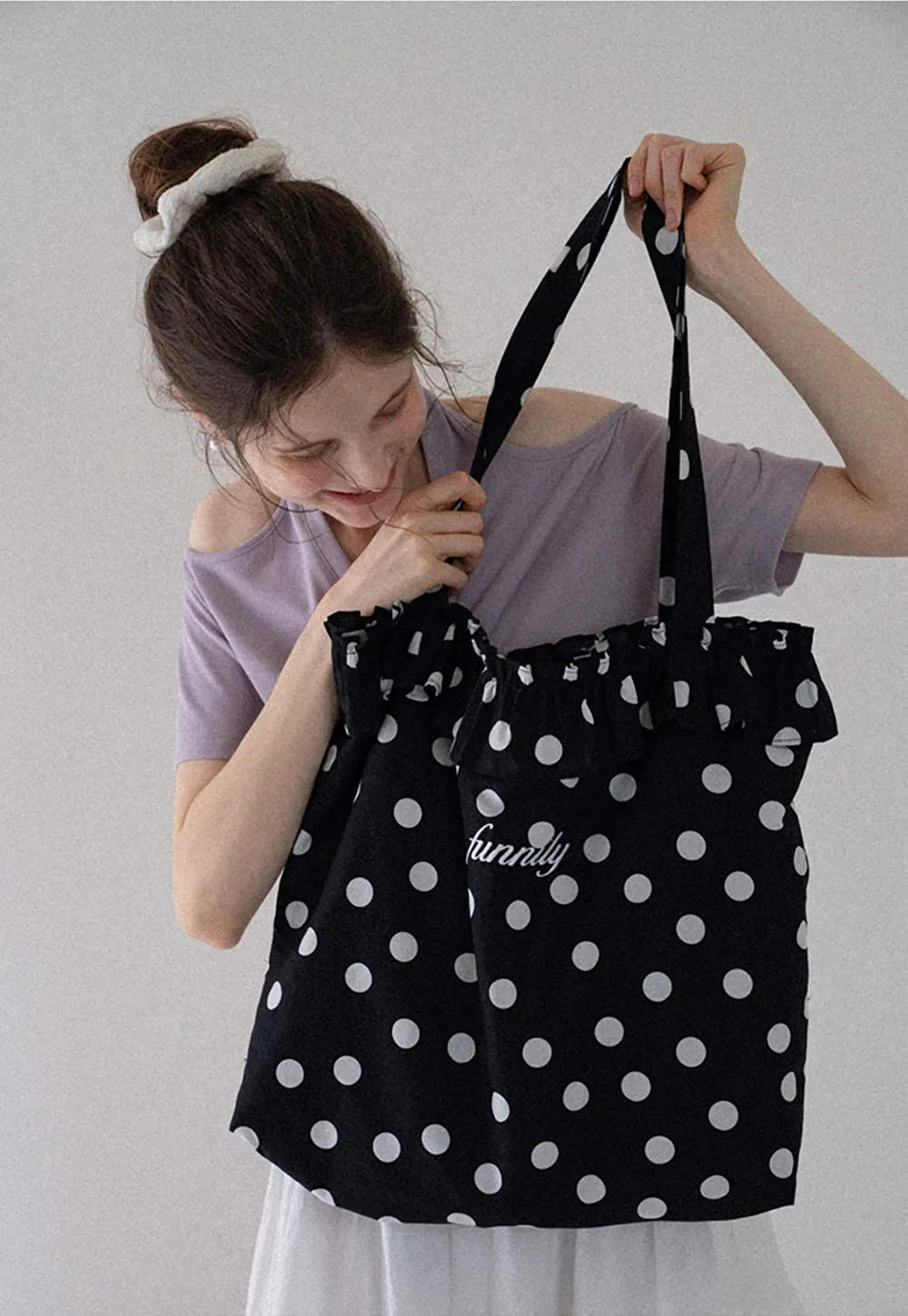 Polka Dot Ruffle Canvas Tote