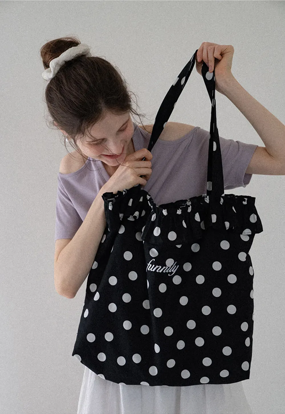 Polka Dot Ruffle Canvas Tote