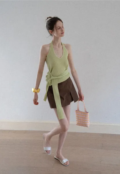 Knit Halter Top with Waist Tie