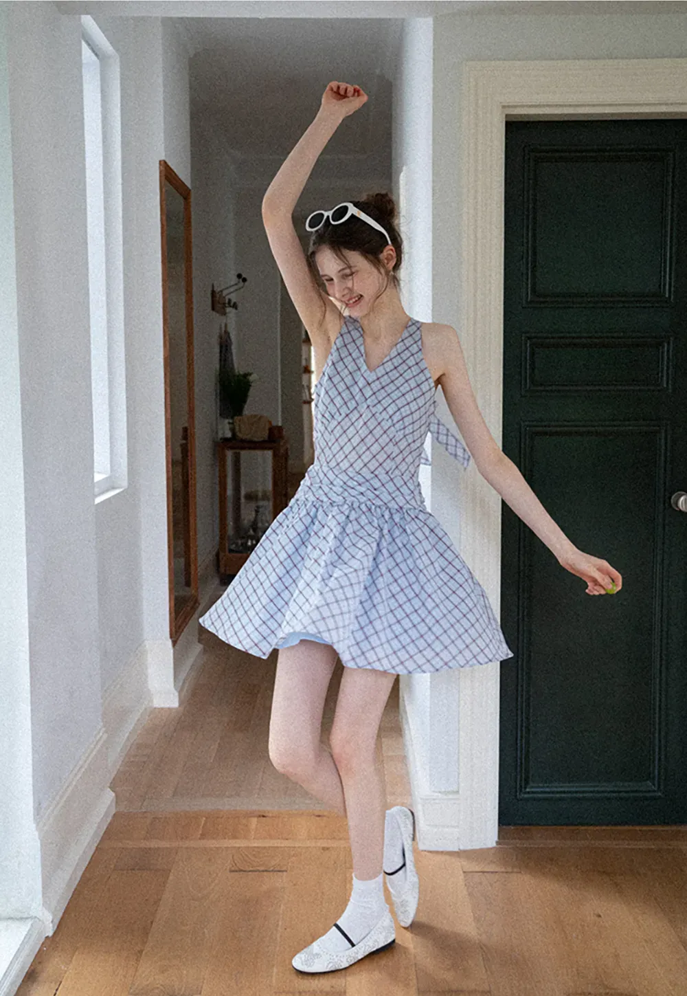 Plaid Sleeveless Mini Dress with Tie Back