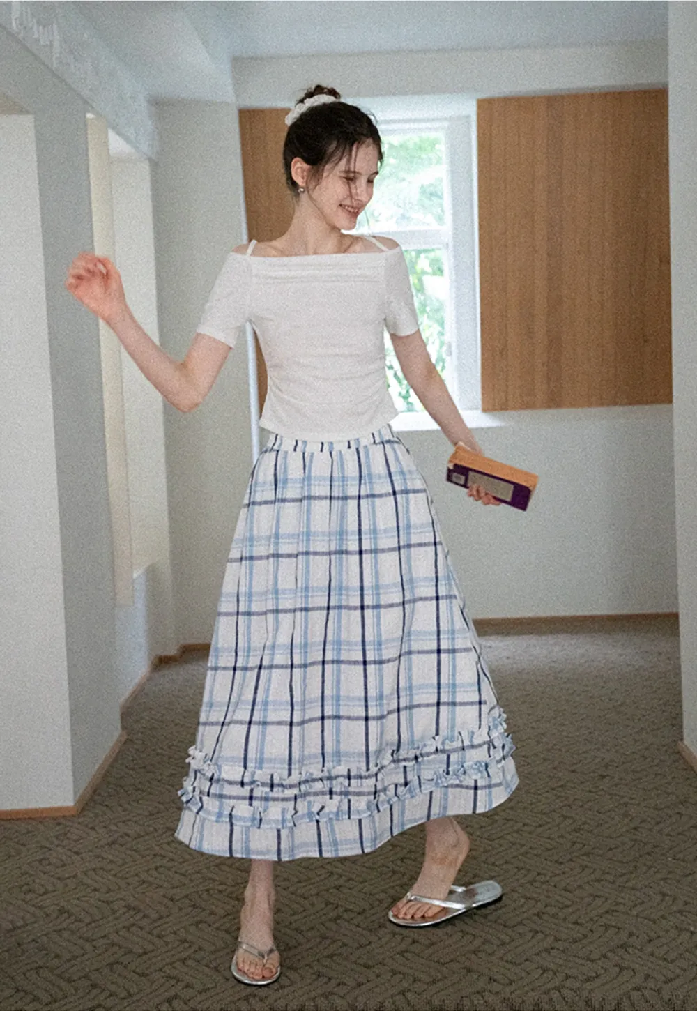 Blue-Check Ruffled Hem Midi Skirt