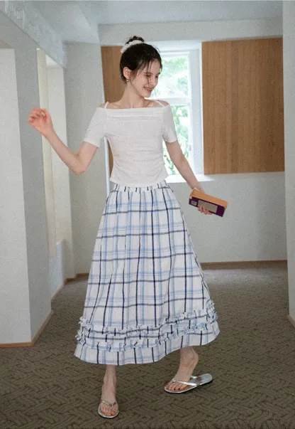 Blue-Check Ruffled Hem Midi Skirt