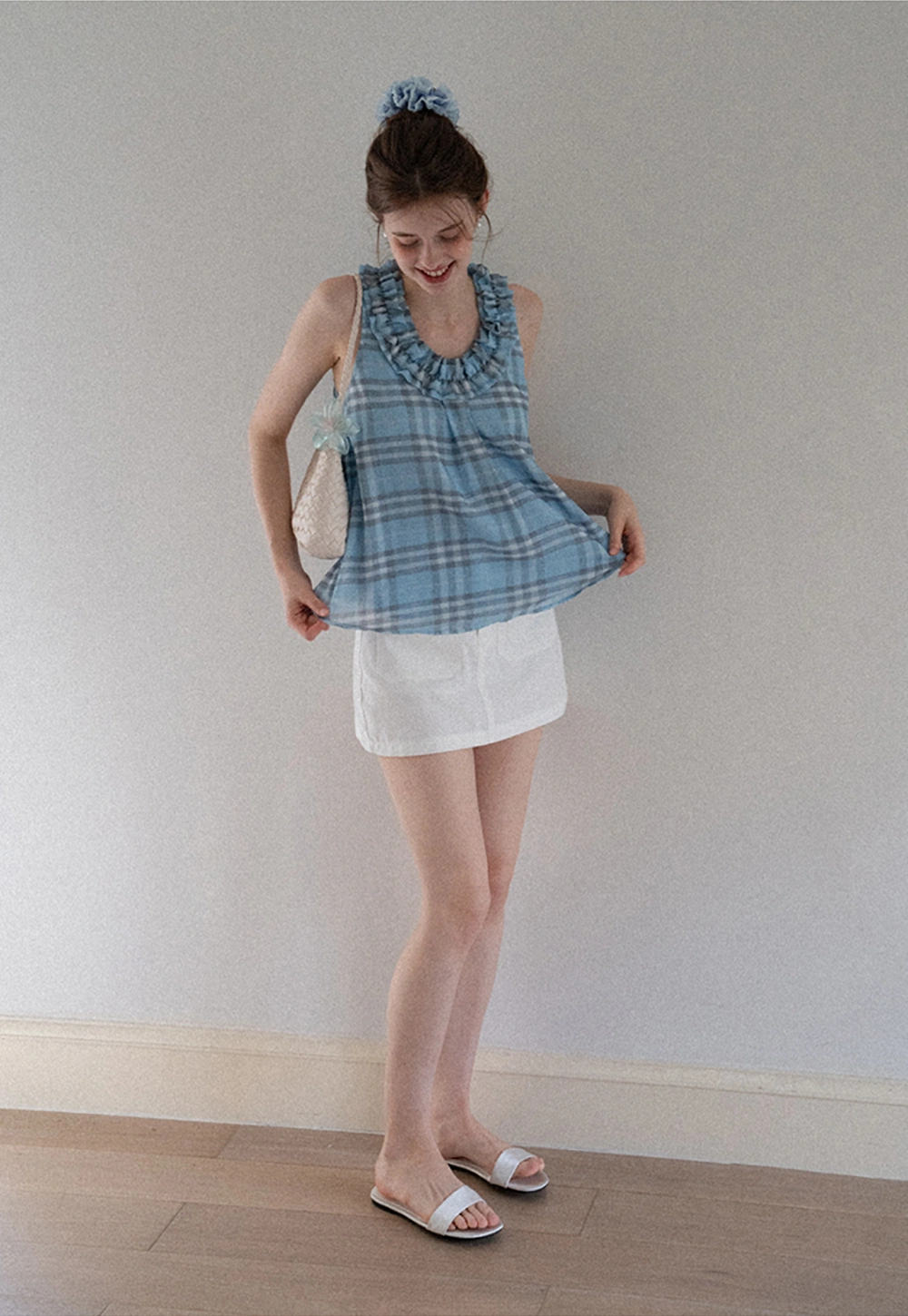 Women’s Ruffle Trim U-Neck Plaid Tank Top