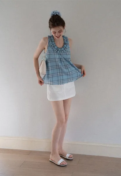 Women’s Ruffle Trim U-Neck Plaid Tank Top