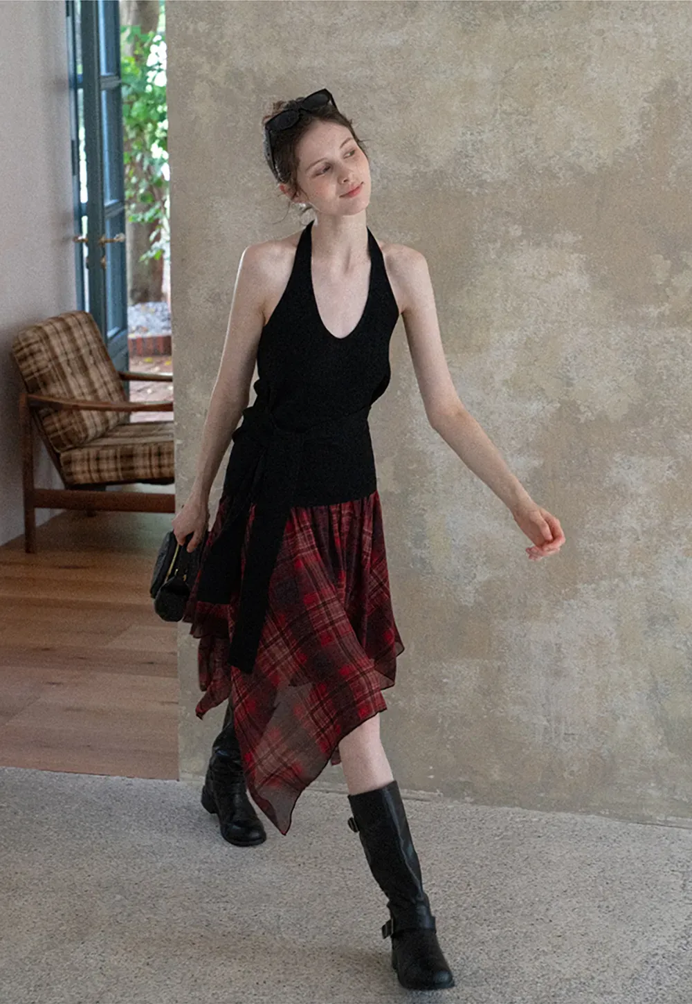 Women's Asymmetrical Plaid Midi Skirt 