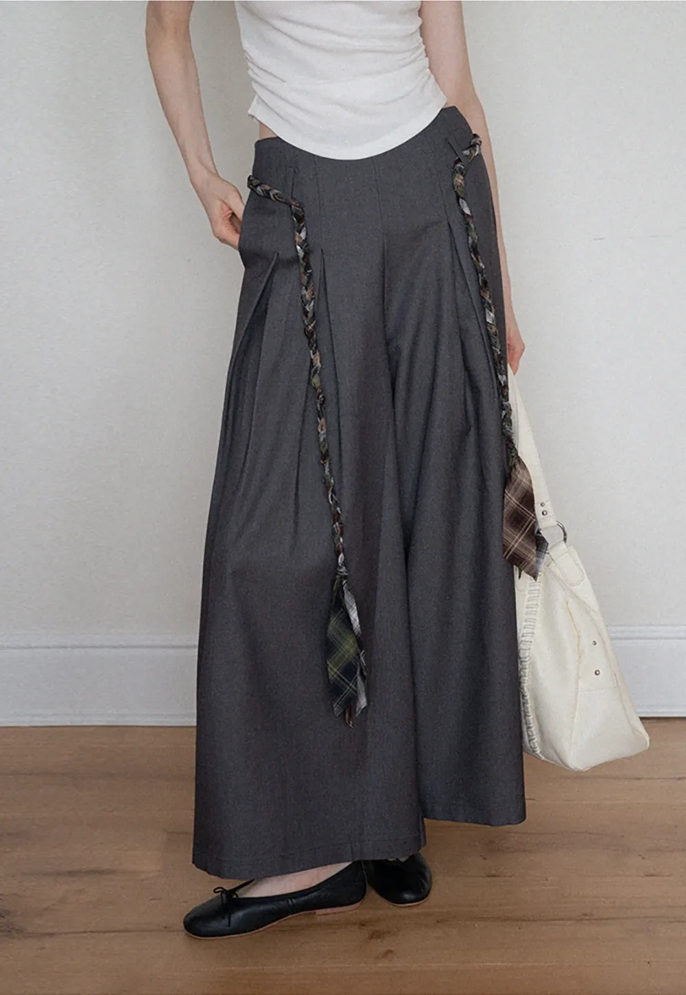 Women's Wide Leg Pleated Pants with Braided Ties