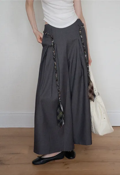 Women's Wide Leg Pleated Pants with Braided Ties