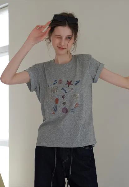 Women's Starfish and Seashell Print T-Shirt