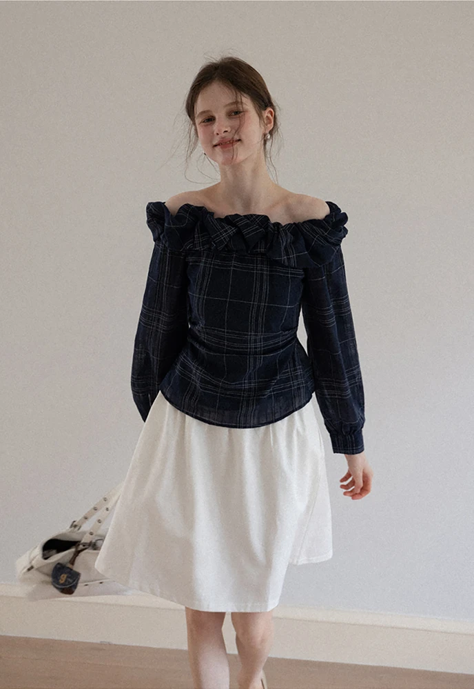 Off-Shoulder Plaid Blouse