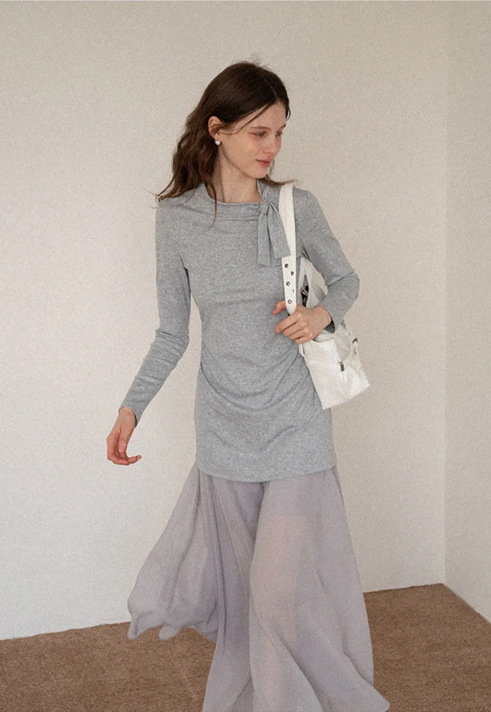 Tie Neck Long Sleeve Top and Asymmetrical Chiffon Skirt Set