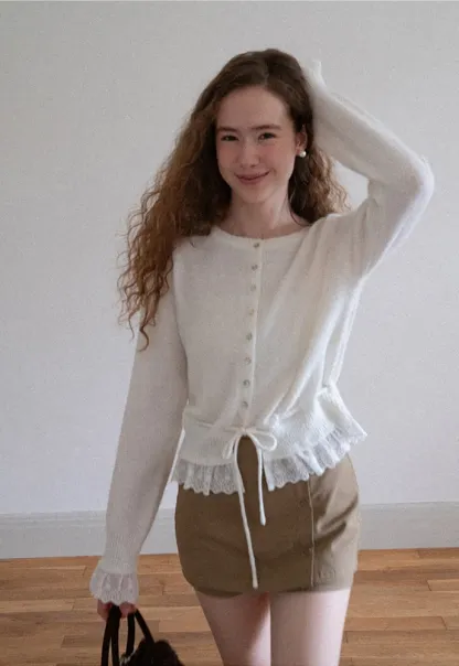 Lace-Trim Cardigan Sweater