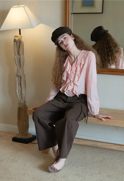 Womens Ruffle Chiffon Long Sleeve Blouse