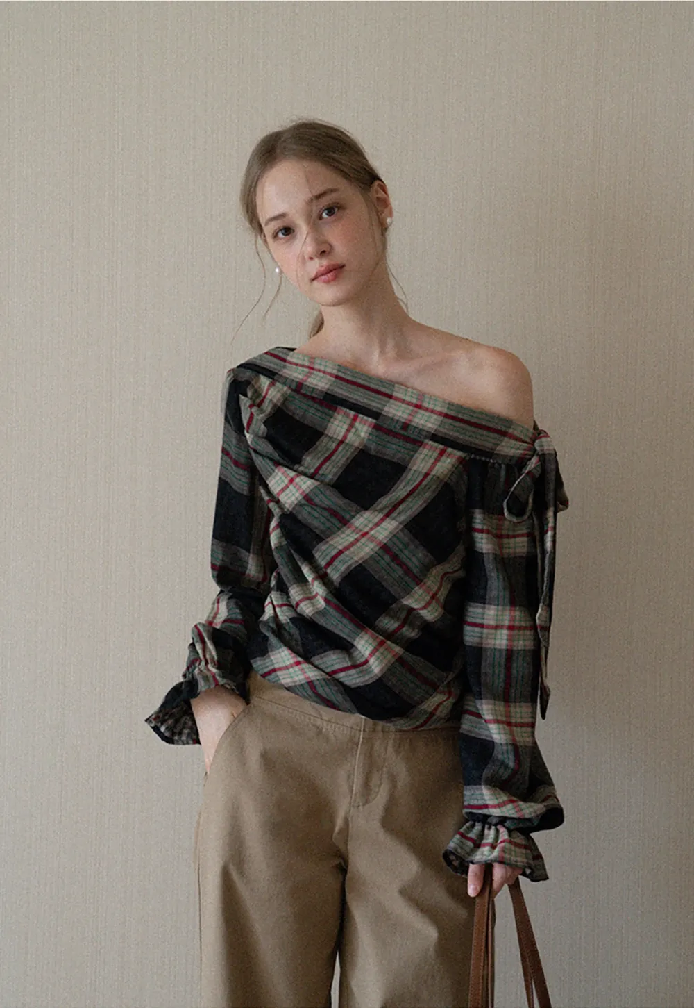 Womens Plaid Off Shoulder Tie Blouse