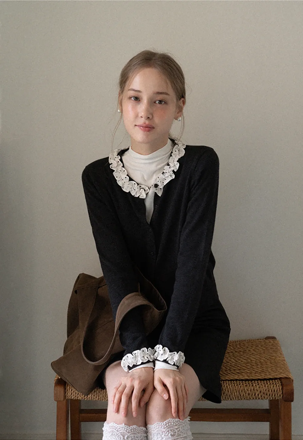 Ruffle Trim Button Down Knit Cardigan