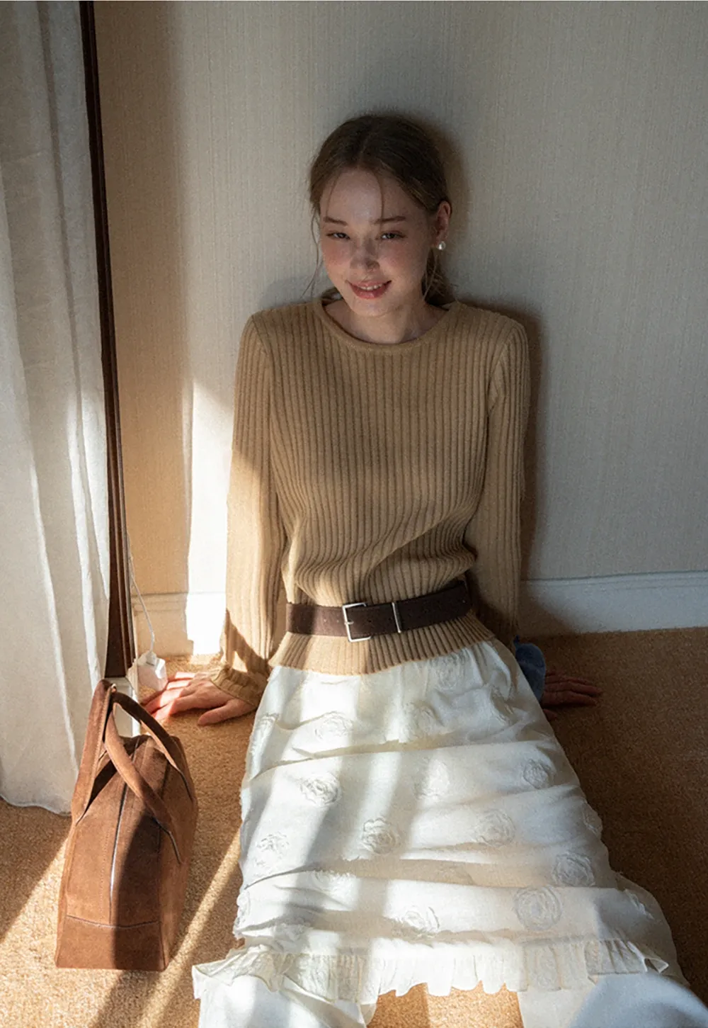 Womens Ribbed Crew Neck Long Sleeve Knit Top