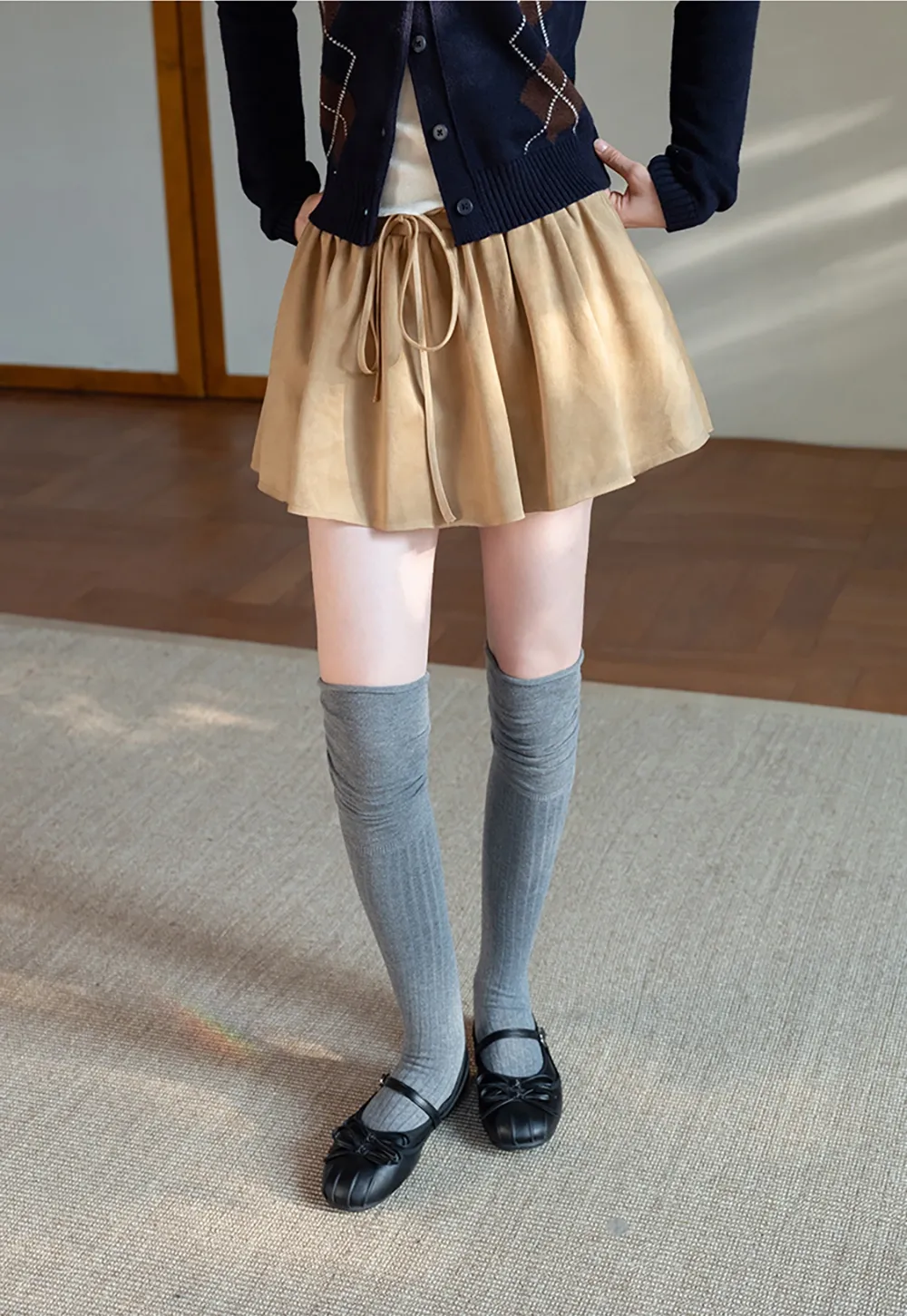 Womens Khaki Drawstring High Waist Pleated Mini Skirt