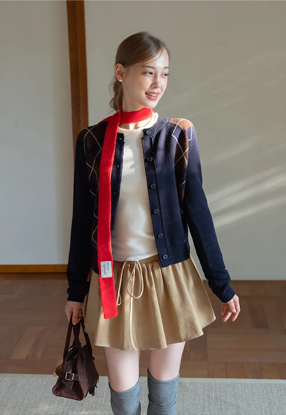 Womens Argyle Knit Cardigan Sweater Button Down Long Sleeve