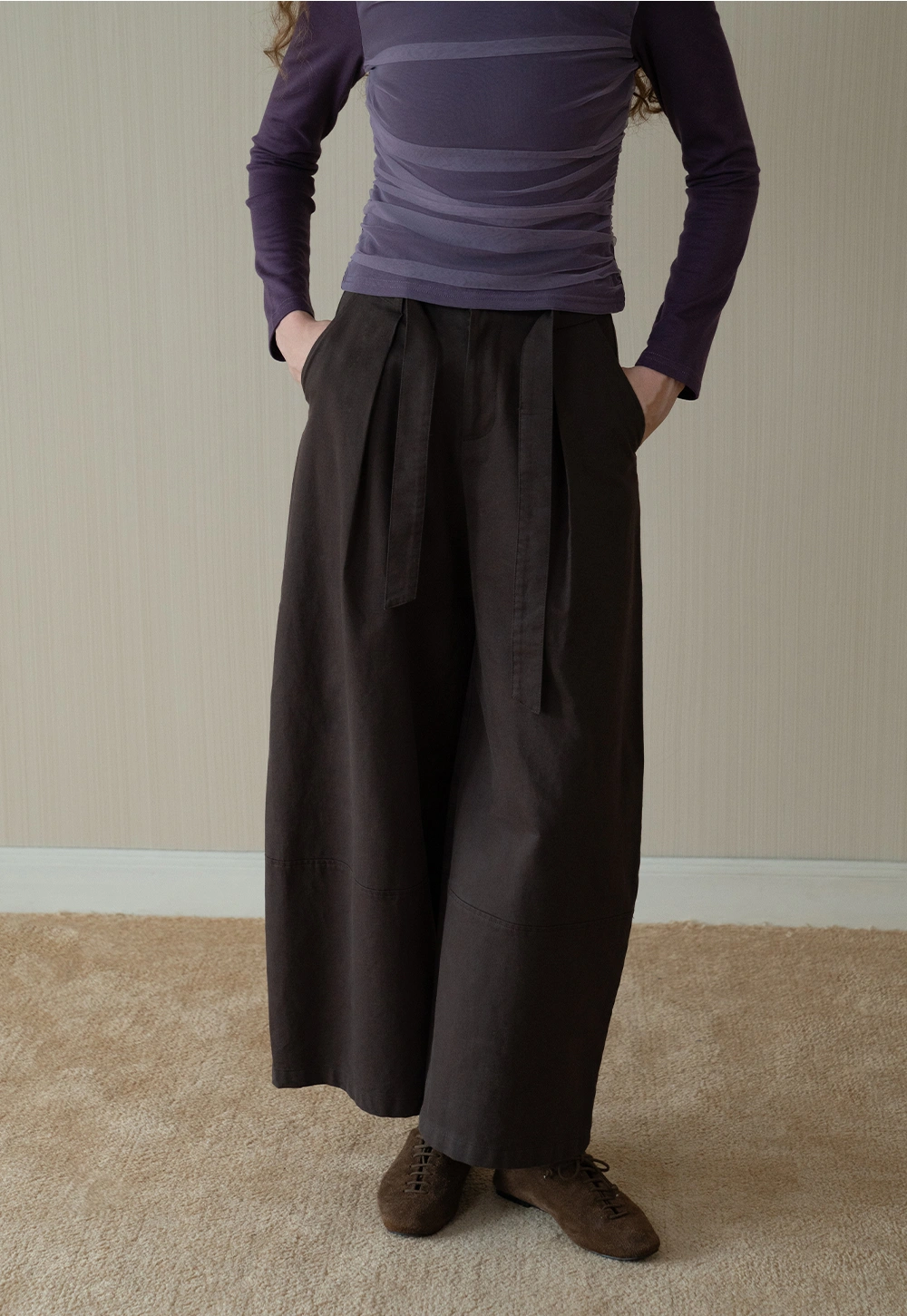 Womens High-Waist Wide-Leg Pants with Belt Detail
