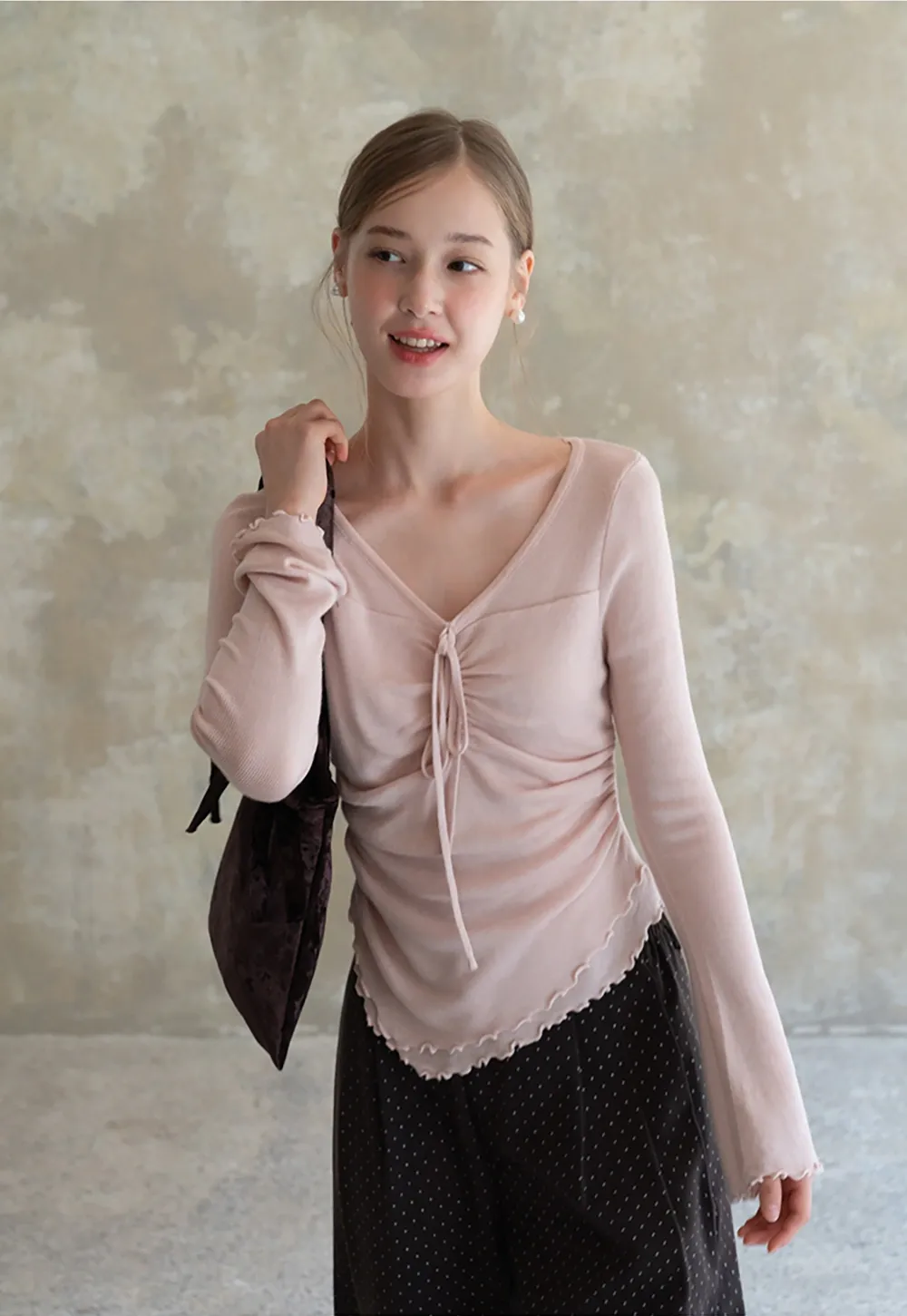 Ruched V Neck Long Sleeve Top
