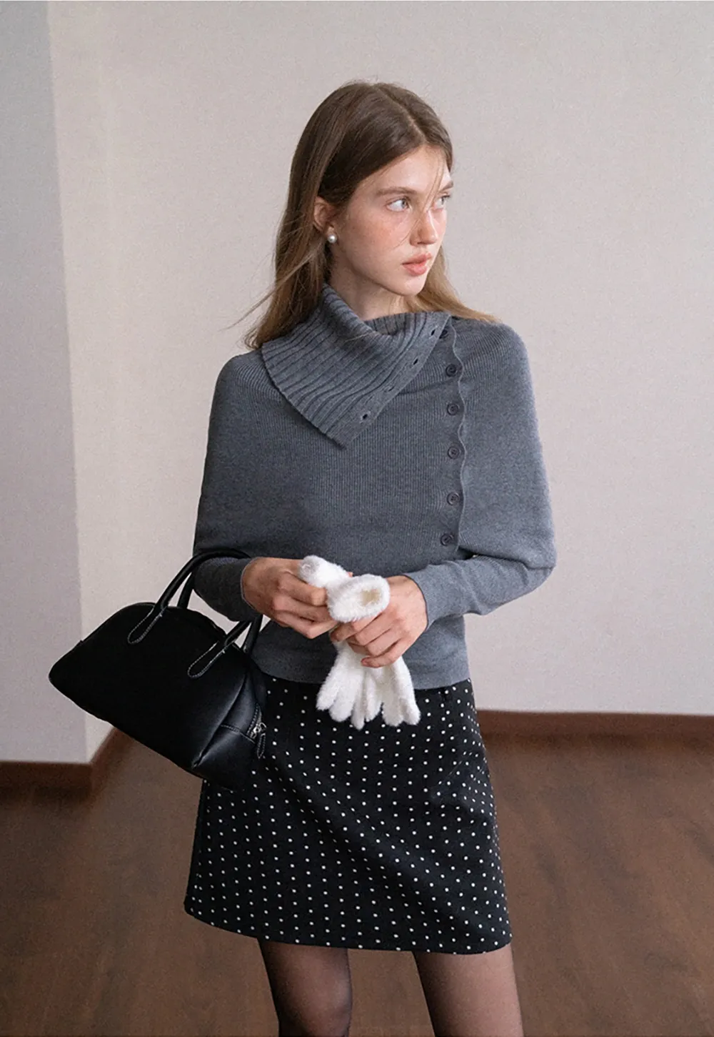 Long Sleeve Knit Top with Button Collar