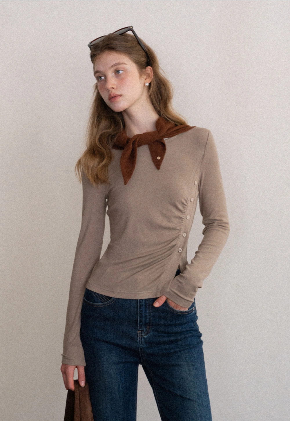 Crew Neck Long Sleeve Button Accent Top