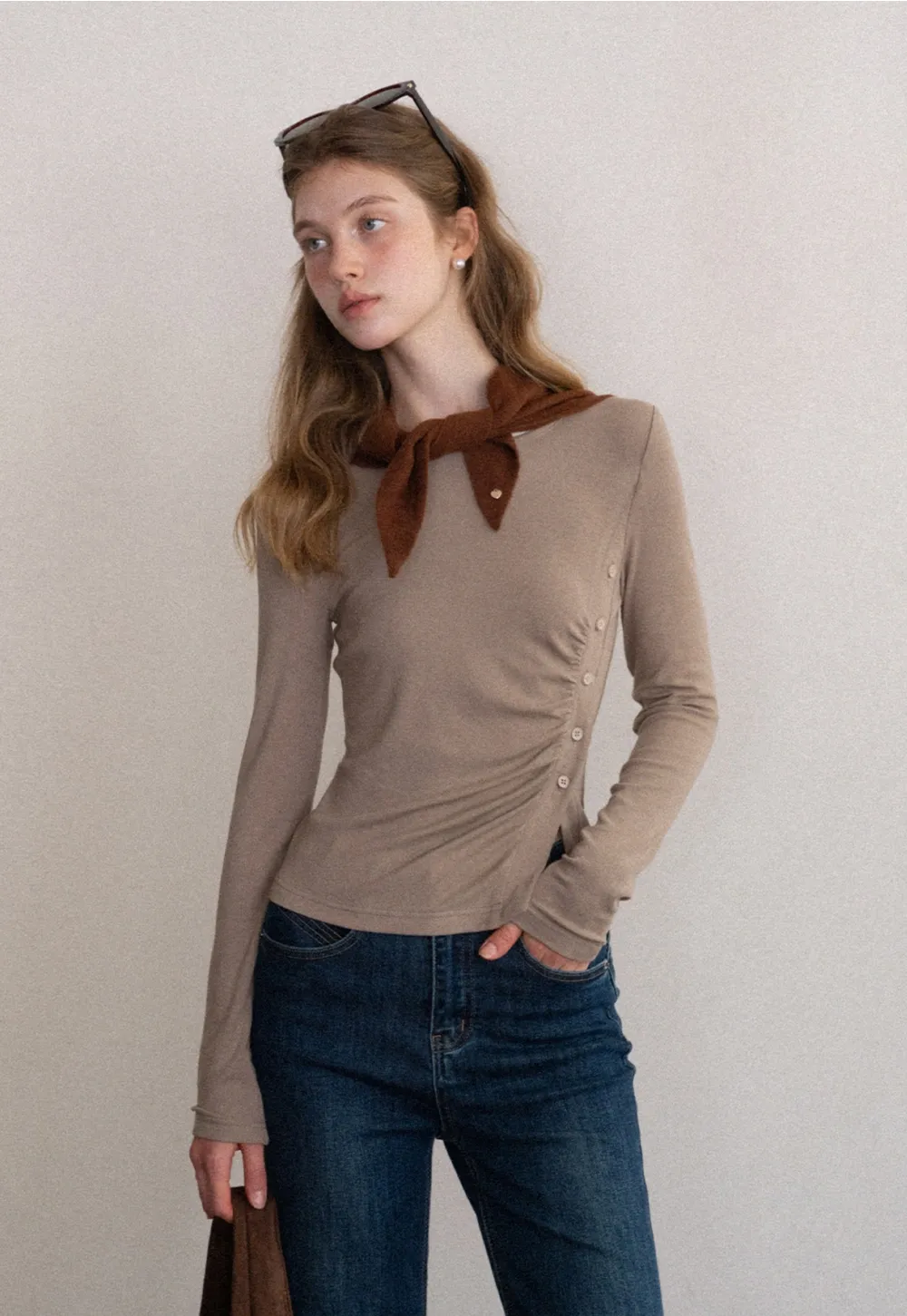 Crew Neck Long Sleeve Button Accent Top