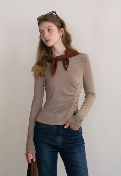 Crew Neck Long Sleeve Button Accent Top