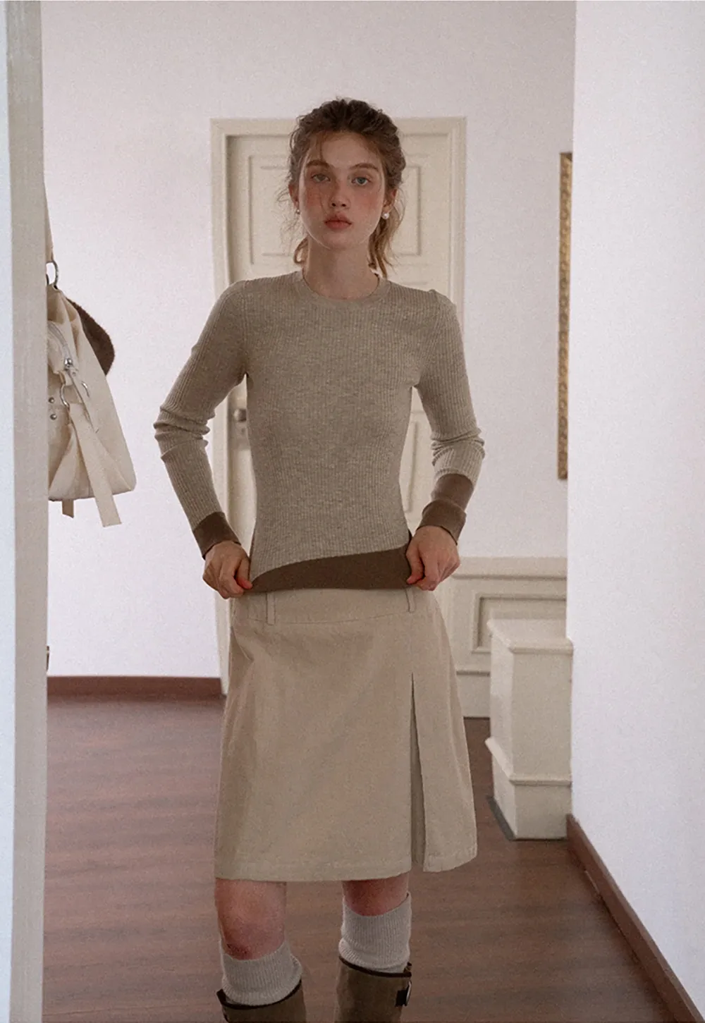 Womens Colorblock Ribbed Knit Long Sleeve Top