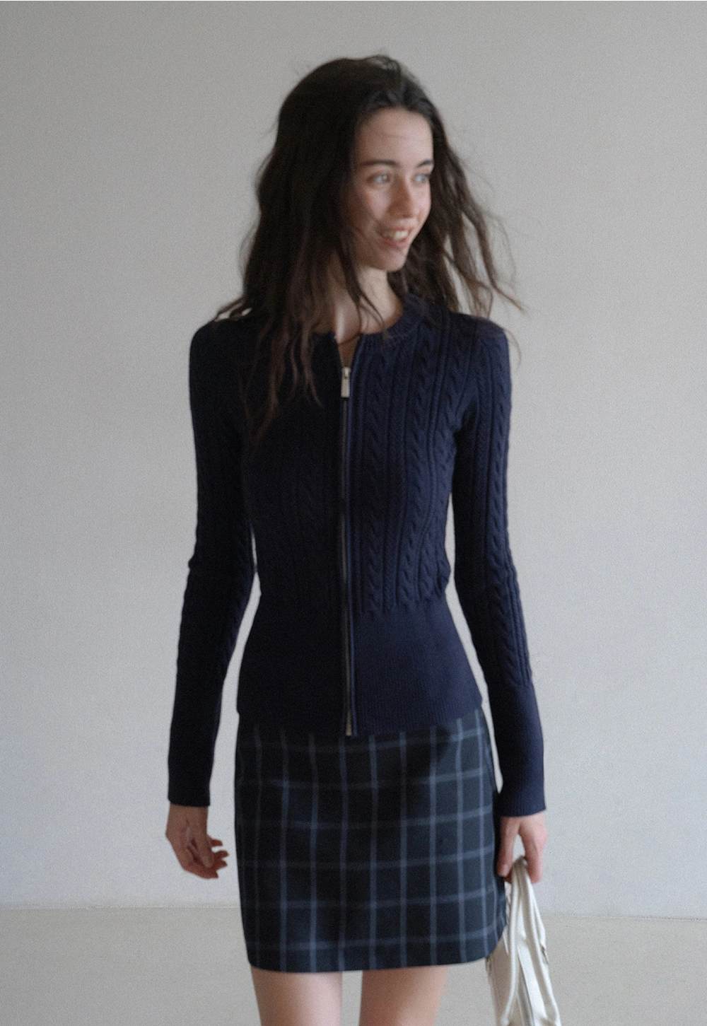 Casual Long Sleeve Cable Knit Top with Zipper