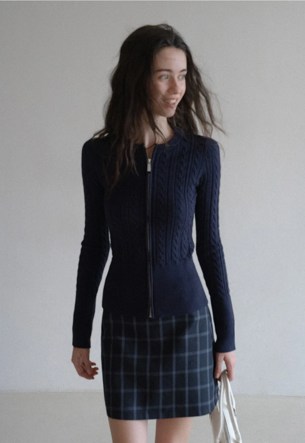 Casual Long Sleeve Cable Knit Top with Zipper