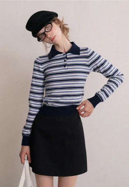 Womens Striped Knit Polo Sweater Long Sleeve
