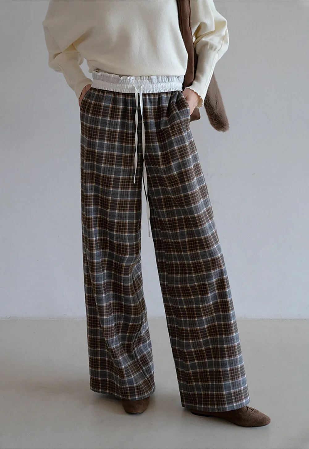 Womens Plaid Wide Leg Drawstring Pants