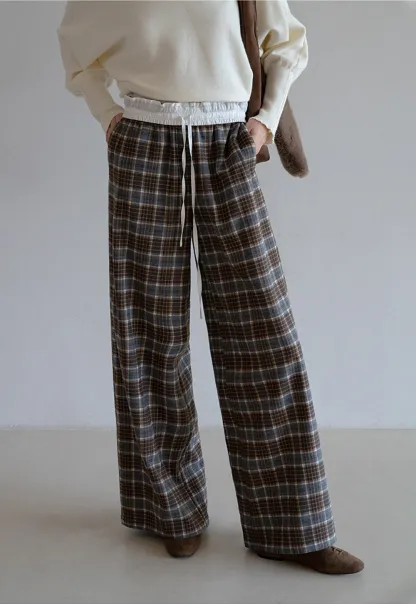 Womens Plaid Wide Leg Drawstring Pants