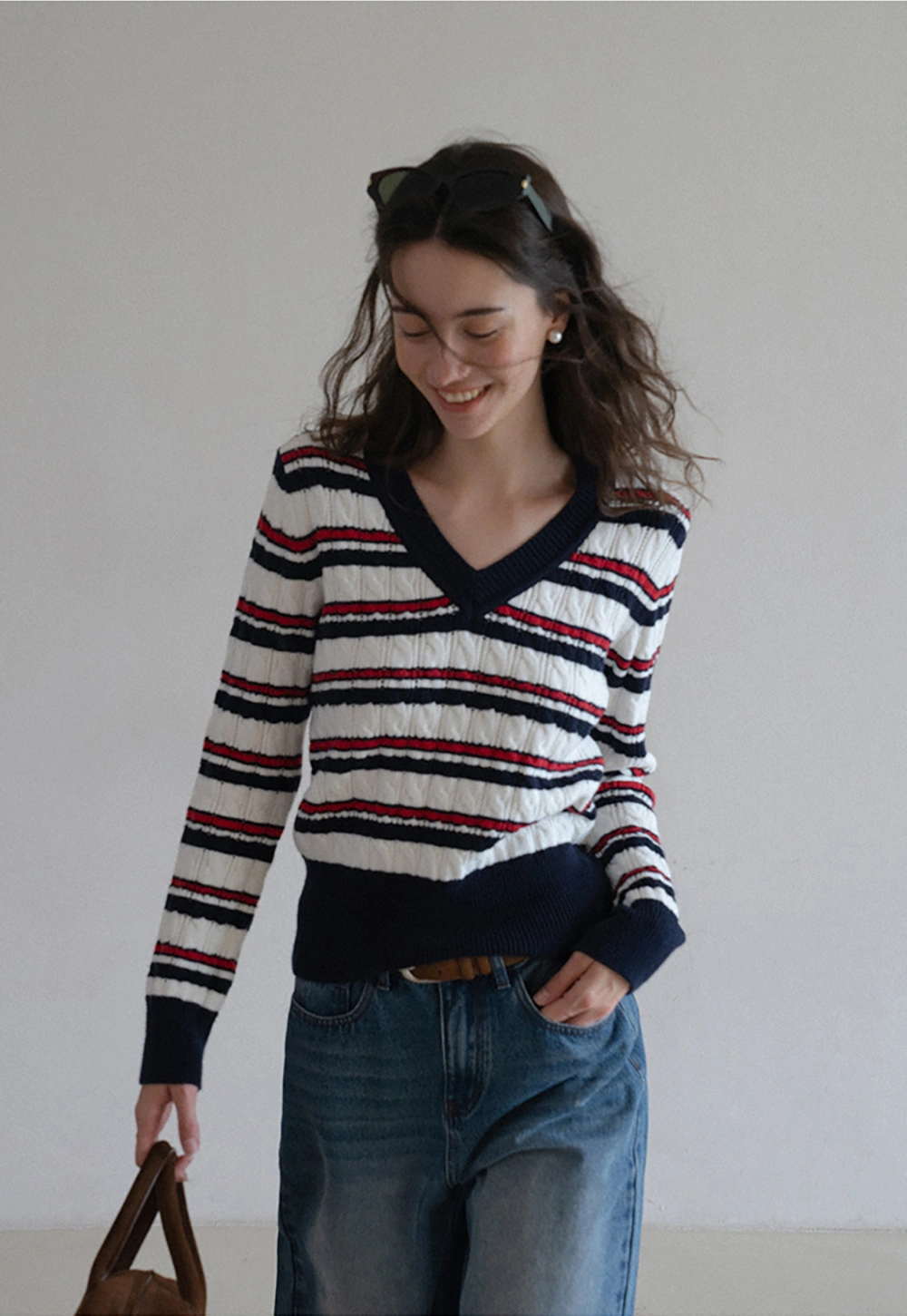 Women’s V-Neck Striped Knit Sweater