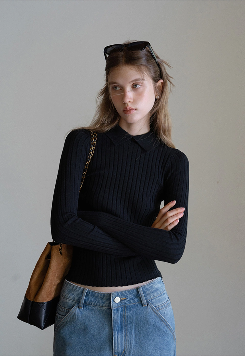 Women Classic Ribbed Knit Polo Long Sleeve