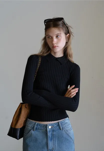 Women Classic Ribbed Knit Polo Long Sleeve