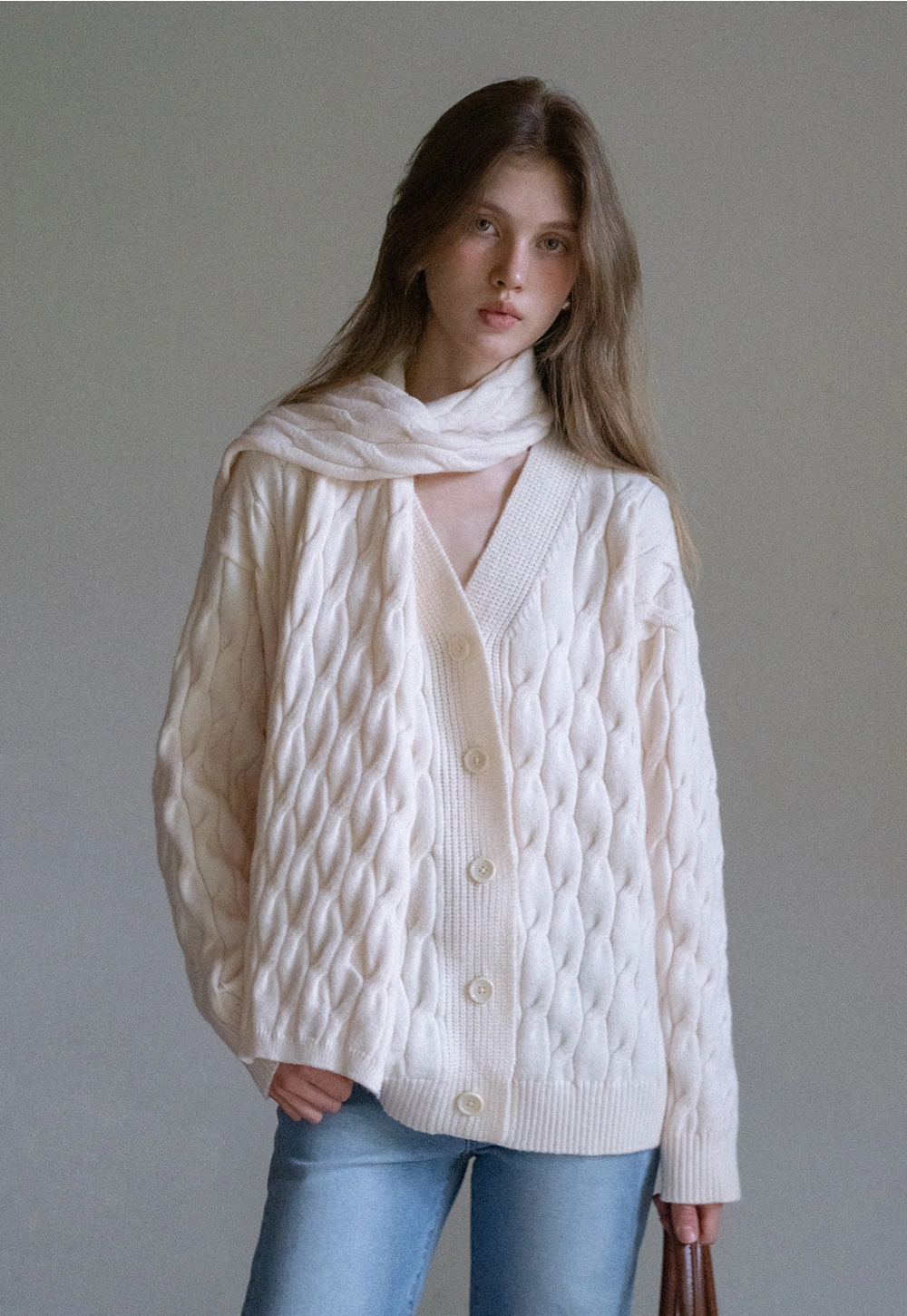 Womens Cable Knit Cardigan Sweater with Matching Scarf