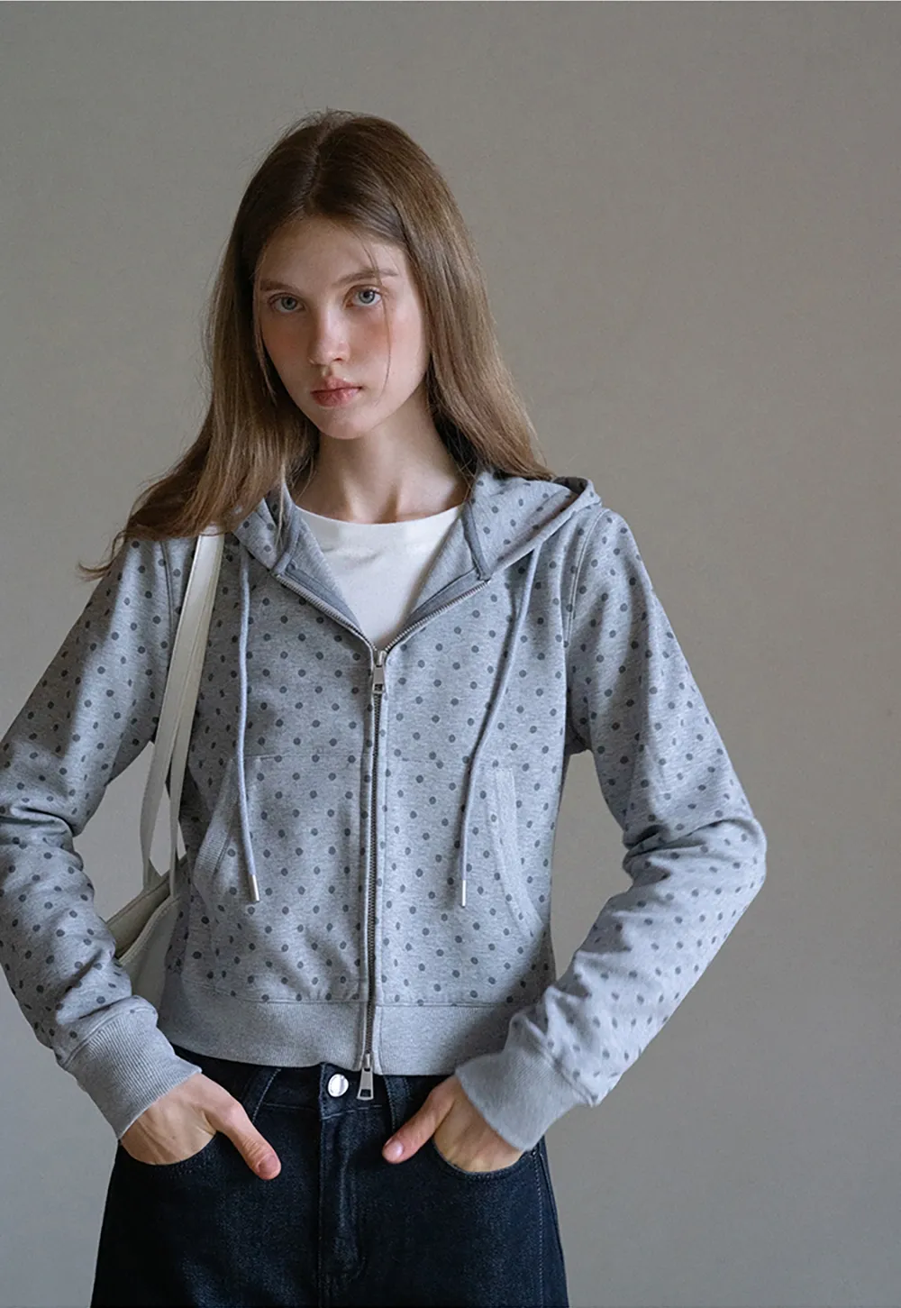 Womens Casual Polka Dot Zip-Up Hoodie