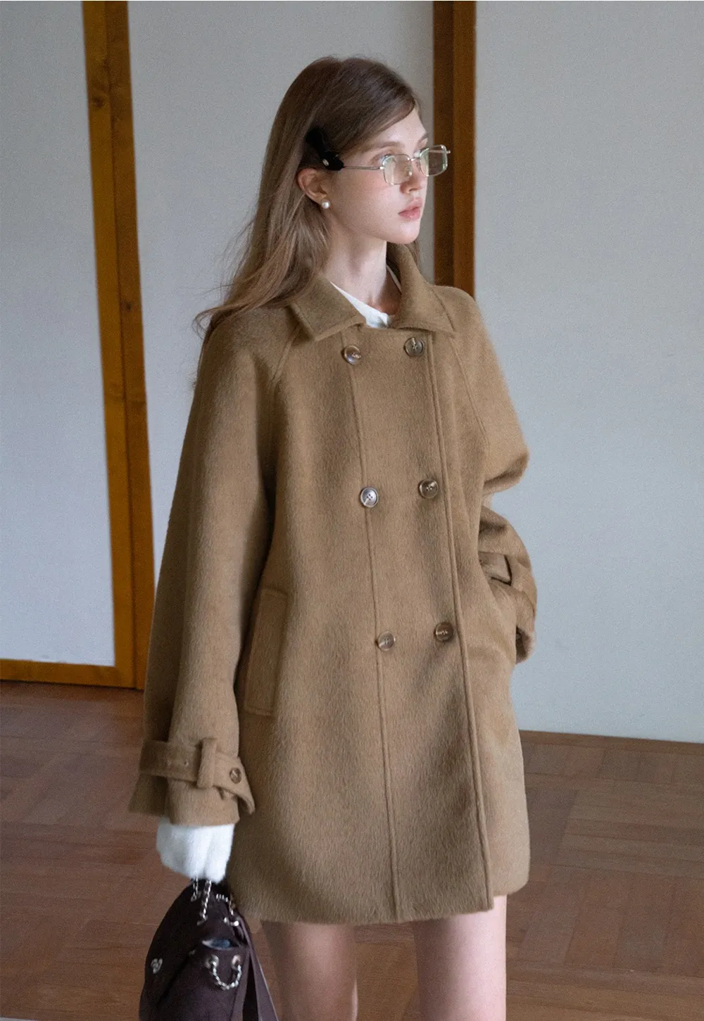 Elegant Double-Breasted Trench Style Wool Coat