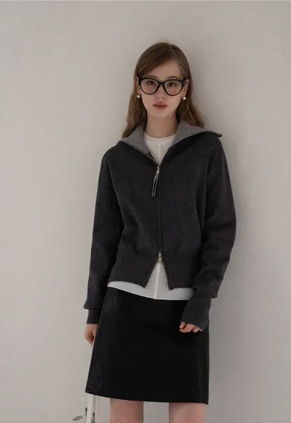 Women’s Zip-Up Knit Cardigan with High Collar